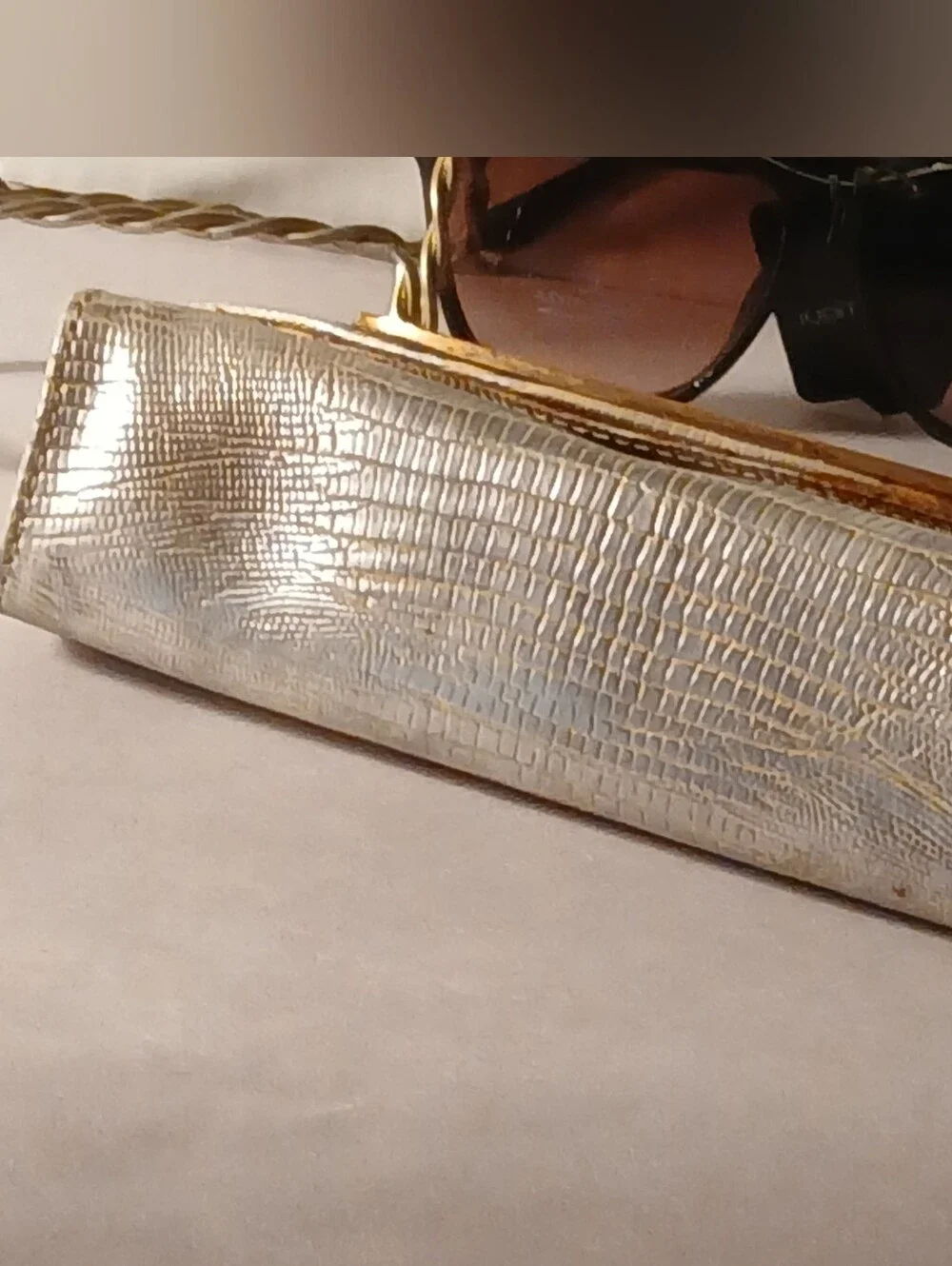 Judith Leiber Metallic Gold Lizzard Embossed Leather  Crystal Evening Clutch